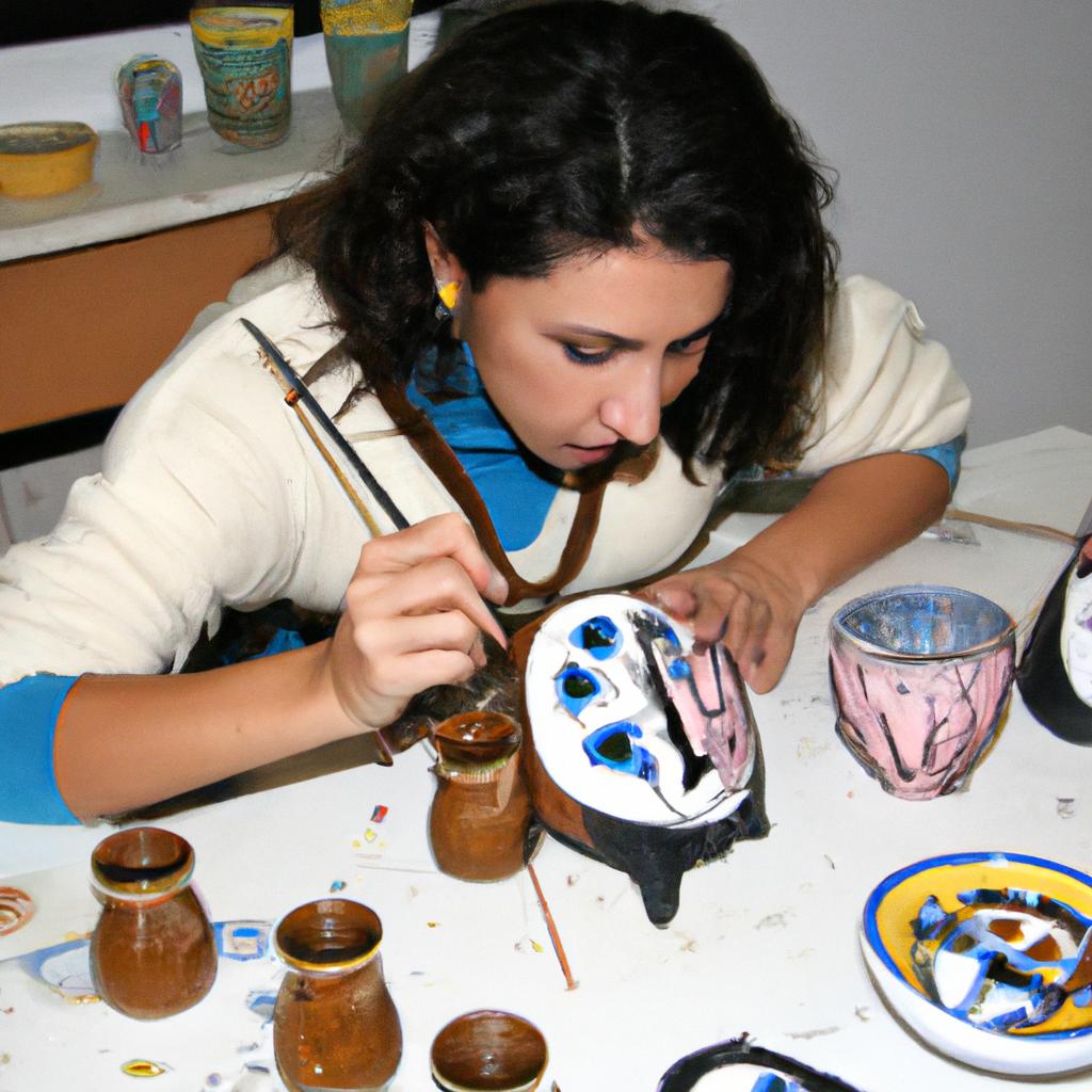 Woman painting animal motifs pottery