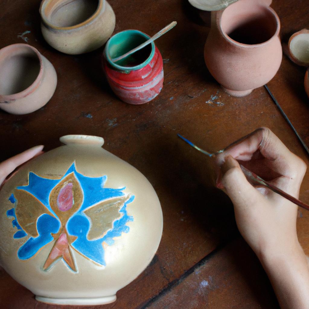 Person painting celestial symbols pottery