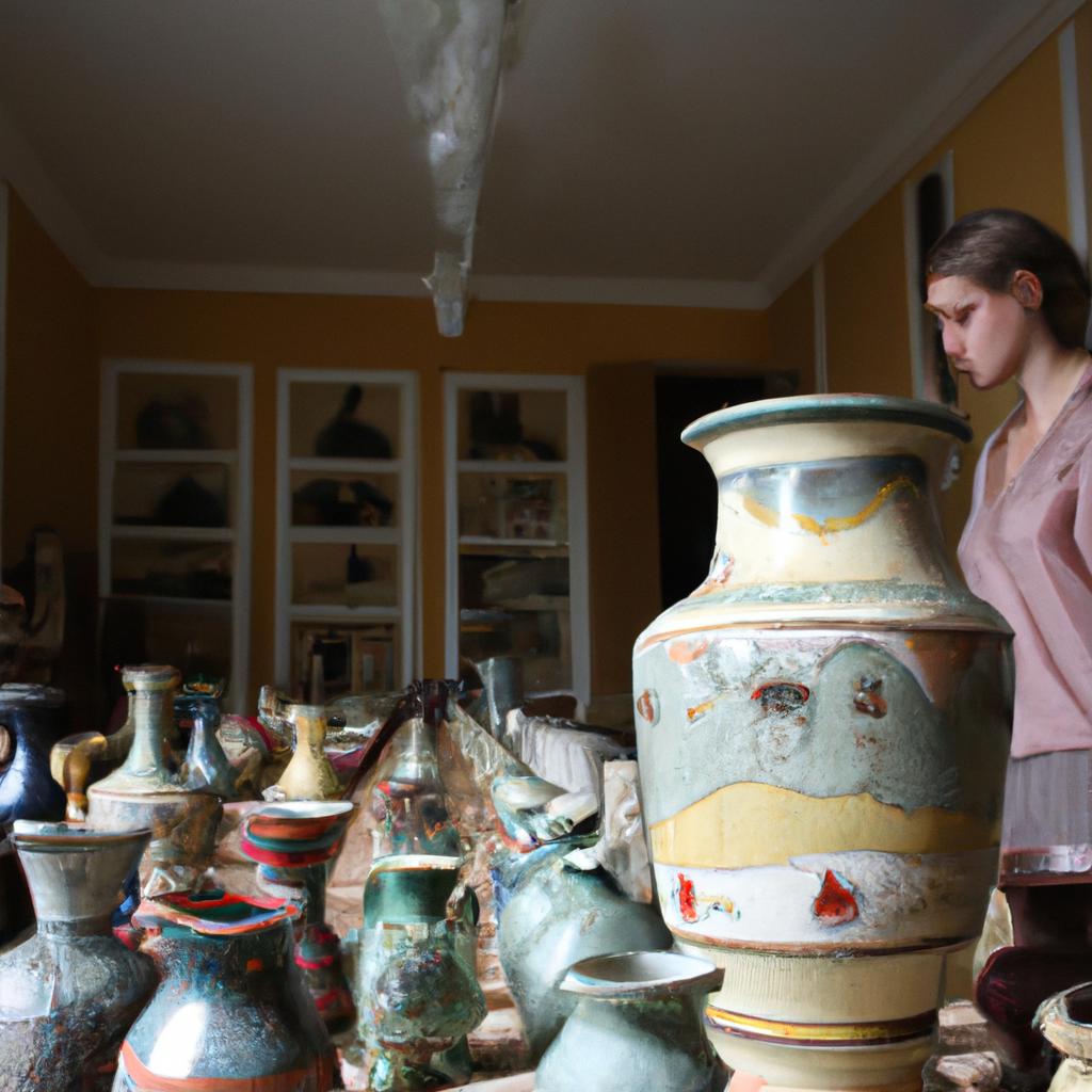 Person examining lustre pottery collection