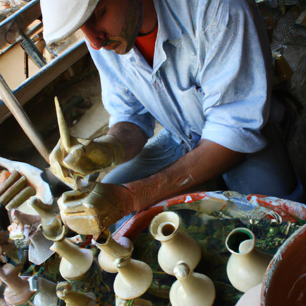 Potter applying glaze with precision