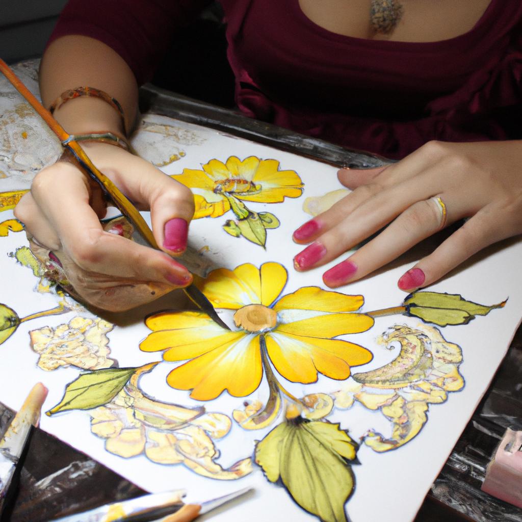 Woman painting intricate floral designs