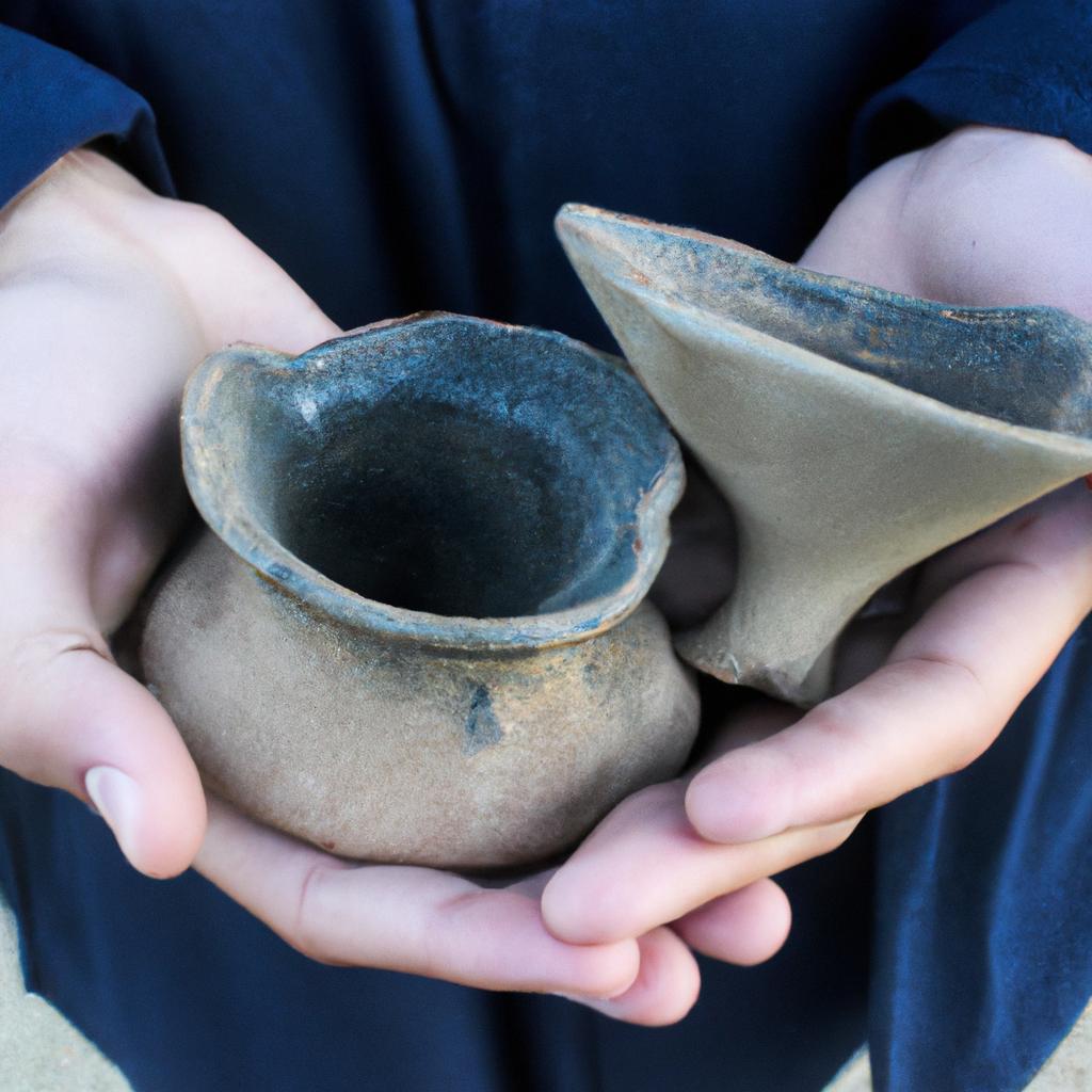 Person holding rare pottery pieces
