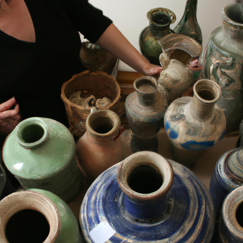 Person examining antique pottery collection