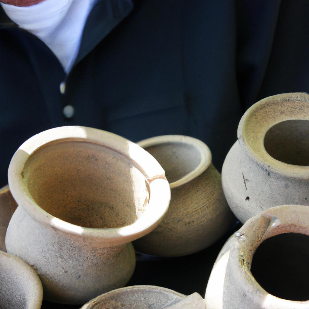 Person examining rare pottery pieces